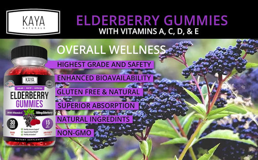 Kaya Naturals Immune Support Vegetarian Vitamin Gummy, 60 Count, Zinc, Vitamin C, Elderberry, Vitamin E, Lemon Flavor (30 Gummies)