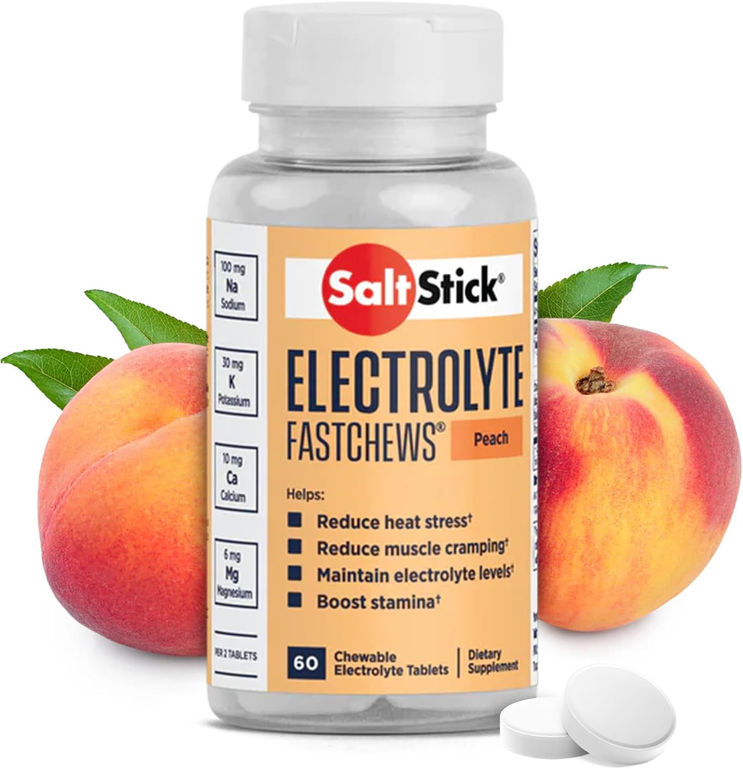 Saltstick Electrolyte Fastchews - 60 Peach Chewable Electrolyte Tablets - Salt Tablets For Runners, Sports Nutrition, Electrolyte Chews For Hydration