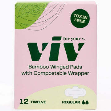 Viv for Your V Bamboo Pads | Biodegradable Menstrual Pads for Period & Leak Protection with Wings | Soft, Light, & Super Absorbent | Free of Dye, Fragrance, & BPAs | Postpartum Pads | 12 Pack