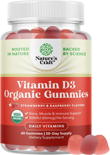 Organic Vitamin D Gummies for Adults - Daily Immune Support Gummies with Vegan Vitamin D3 2000IU - USDA Organic Vitamin D3 Gummies for Adults Wellness - Non GMO Gluten Free - 1 Month Supply