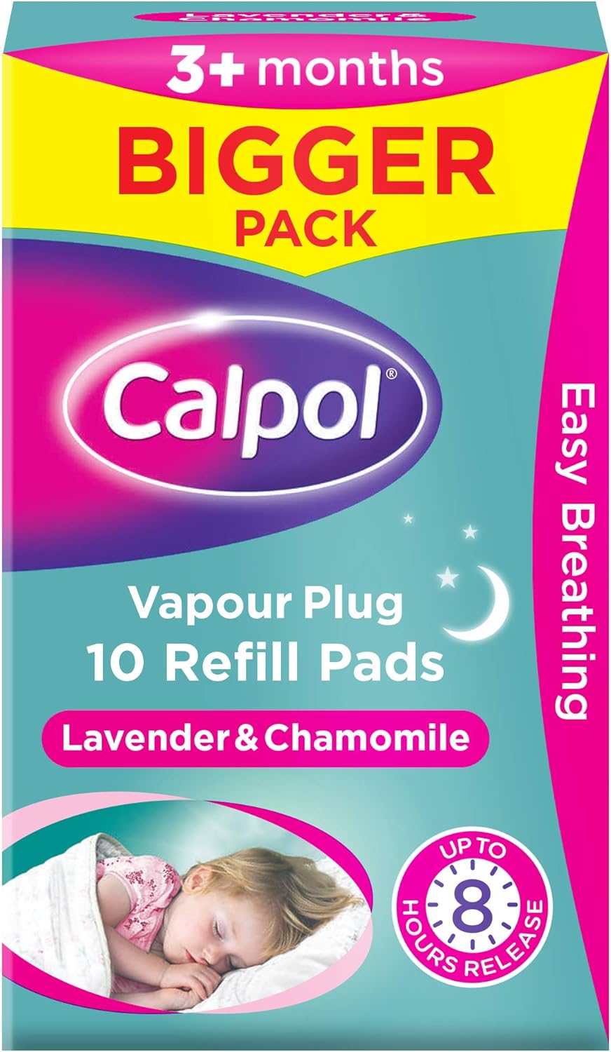 Calpol Vapour Plug Nightlight Lavender Chamomile 3+ Months (Orange Light), Plug And 3 Refills & Vapour Xl Refill Pads, 10 Count (Pack Of 1)