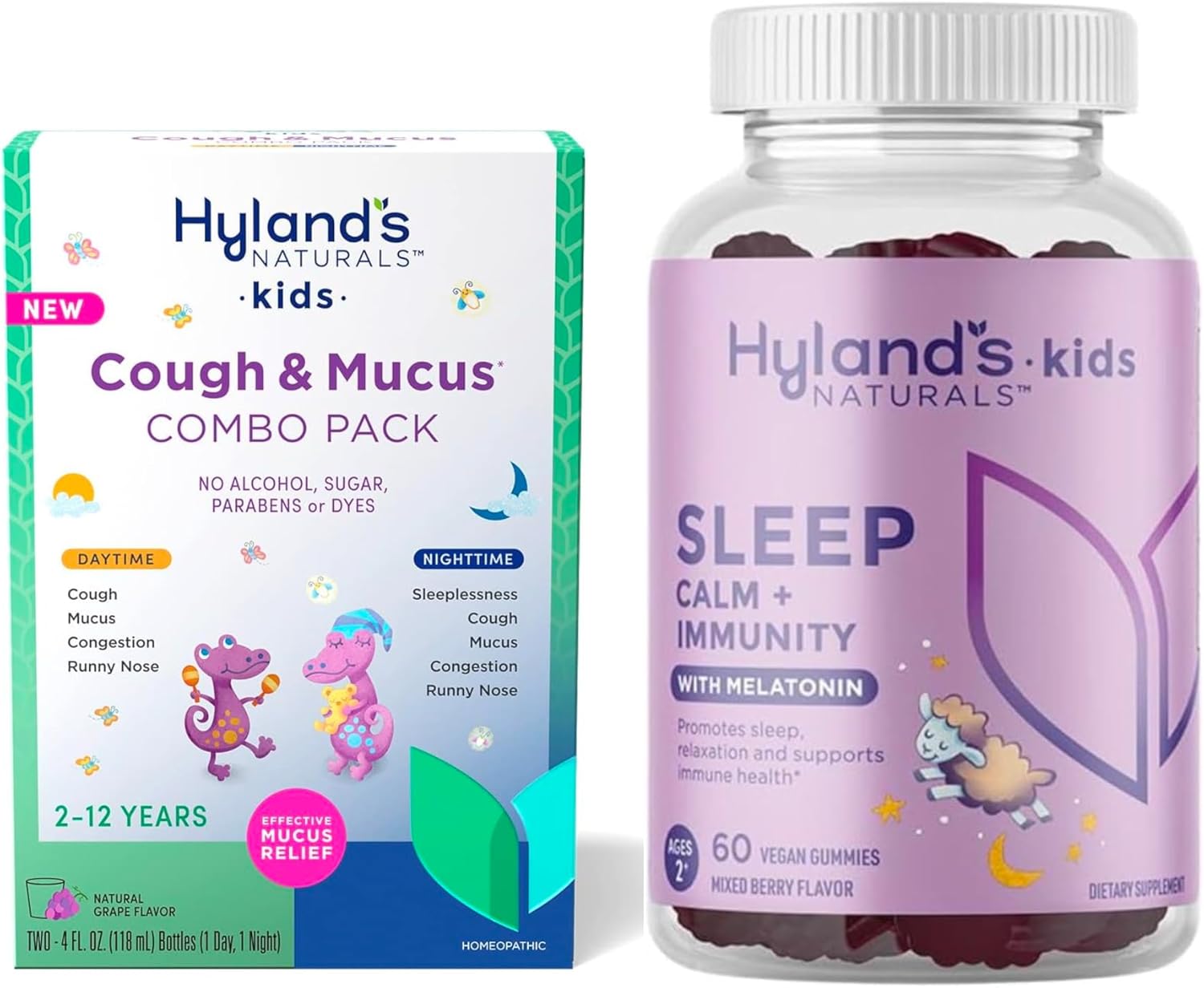 Bundle Of Hyland’S Kids Cough & Mucus Day & Night Combo Pack, Syrup Cough Medicine For Ages 2-12, Grape + Sleep, Calm + Immunity, With Melatonin, Chamomile & Elderberry, 60 Vegan Gummies