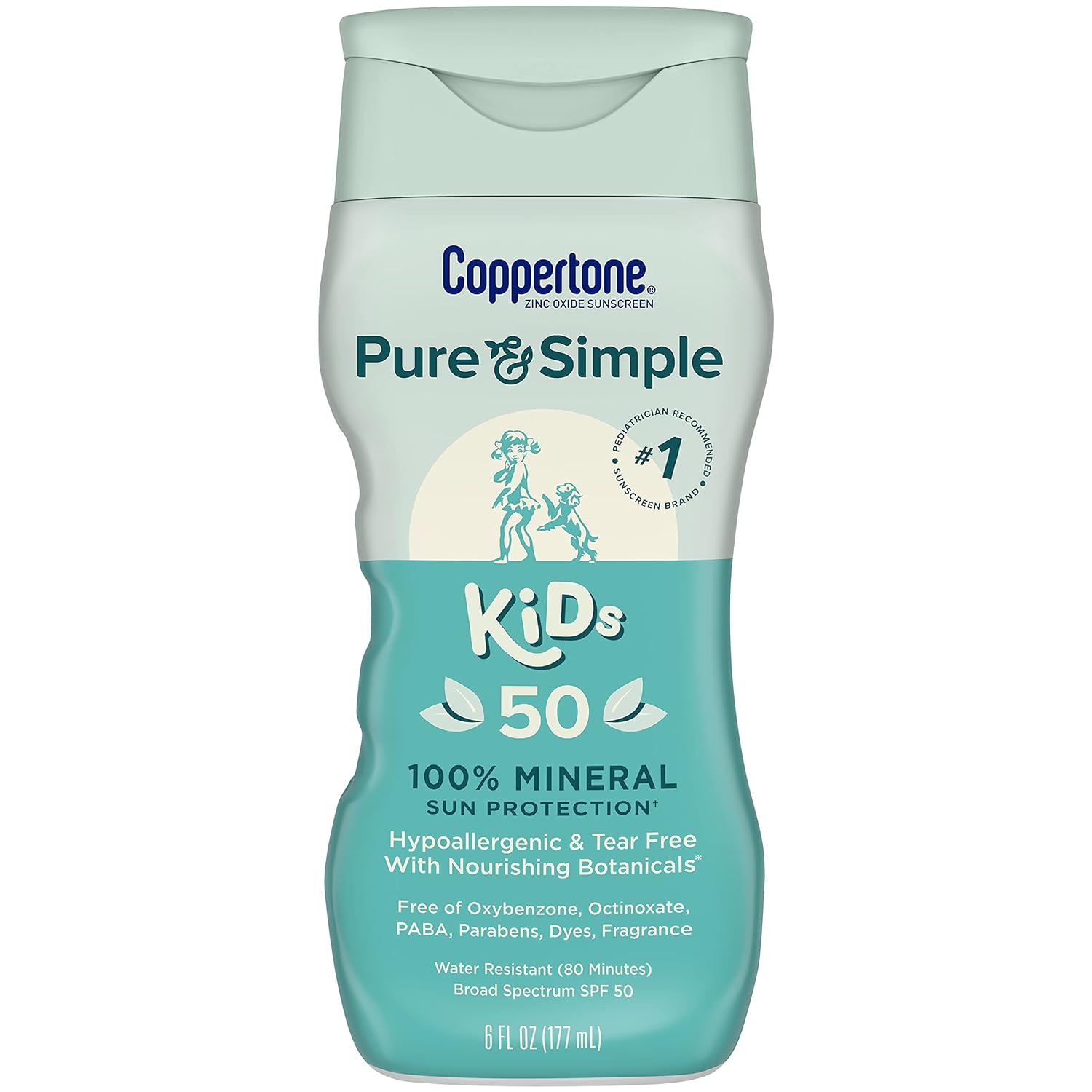 Coppertone Pure and Simple Sunscreen Lotion, Zinc Oxide Mineral Sunscreen for Kids, Tear Free, Broad Spectrum SPF 50 Sunscreen, 6 Fl Oz Bottle