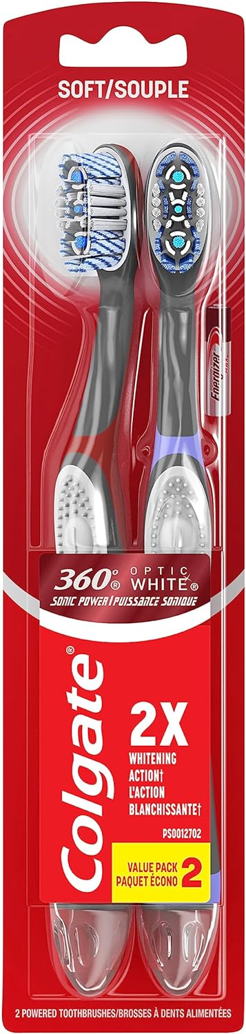 Colgate, 360 Optic White Sonic Battery Powered Vibrating Toothbrush Soft, 2 Count