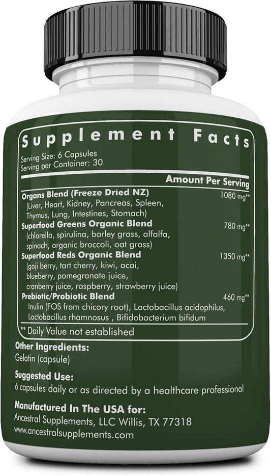 Ancestral Supplements Greens Powder Capsules, Organic Superfood Greens & Reds Blend With Spirulina, Chlorella, Grass Fed Beef Organs, And Probiotics For Gut Health, Non Gmo, 612Mg Each, 180 Count
