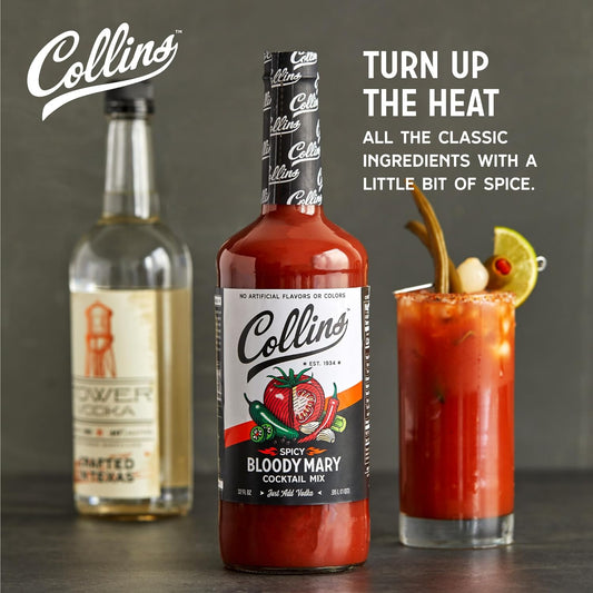 Collins Spicy Bloody Mary Mix, Made With Tomato, Garlic, Worcestershire, Horseradish, Cayenne and Other Spices, Brunch Cocktail Recipe, Bartender Mixer, Drinking Gifts, Home Cocktail bar, 32 fl oz