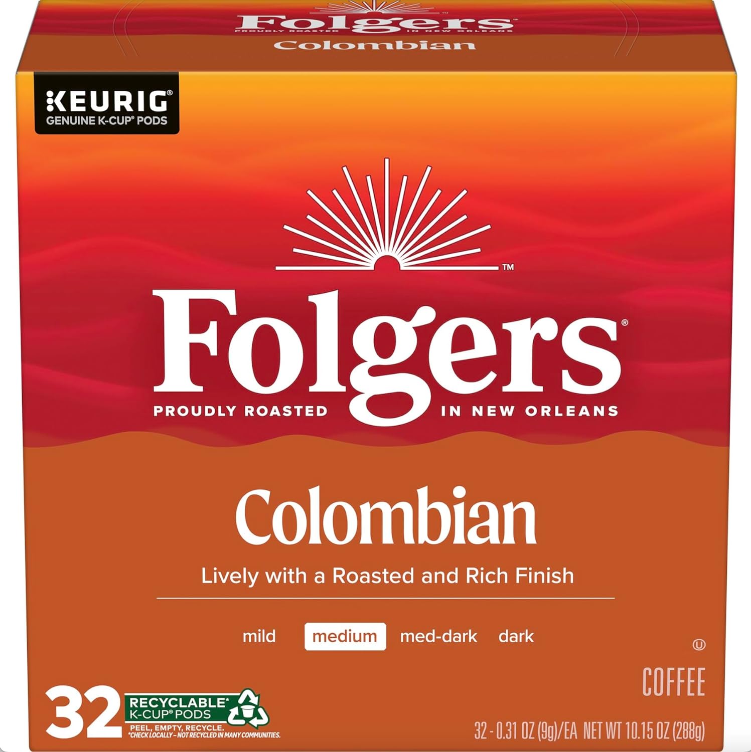 Folgers Colombian Medium Roast Coffee, 128 Keurig K-Cup Pods