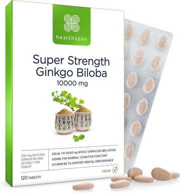 Healthspan Ginkgo 10,000 Cognitive Support (120 Tablets) | Maximum Strength Ginkgo Extract | Mental Function | Added Iodine & Vitamin B5 | Supports Energy | Vegan
