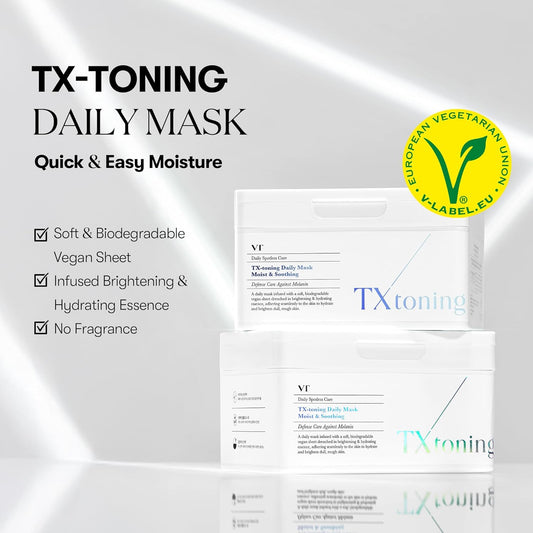 Vt Cosmetics Tx Toning Daily Sheet Mask (30Ea), Hydrating Face Mask With Hyaluronic Acid, Niacinamide, Tranexamic Acid For Dry, Dark Spots, Sensitive Skin, Korean Skincare, Fragrance-Free