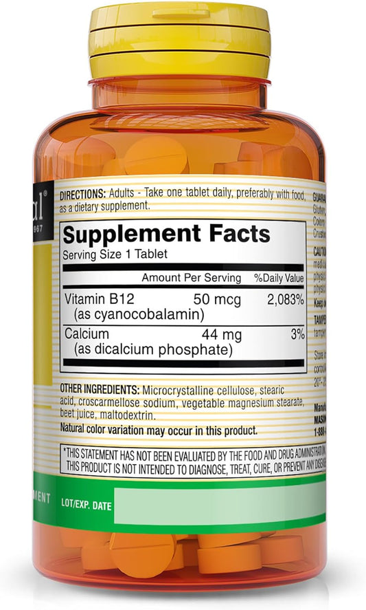Mason Natural Vitamin B12 50 Mcg With Calcium - Healthy Conversion Of Food Into Energy, Supports Nerve Function And Health, 100 Tablets