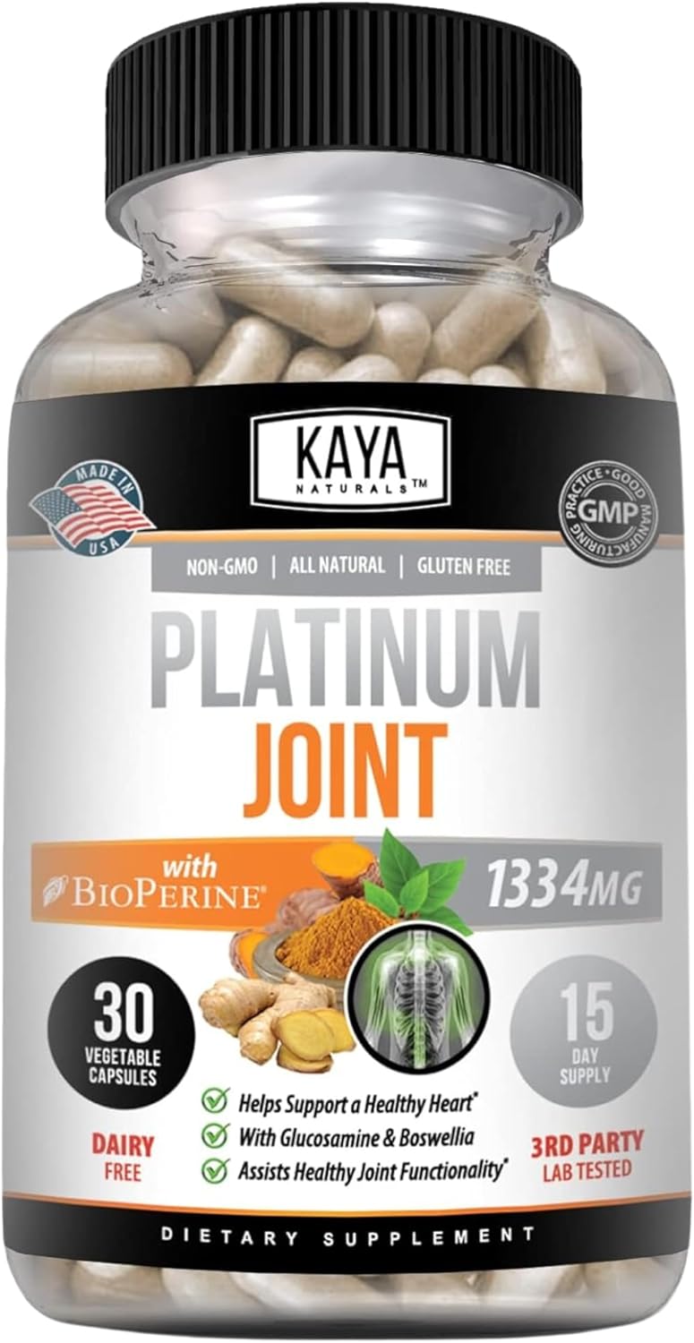 Kaya Naturals Platinum Joint | Nature Made Bioperine, Glucosamine, Turmeric With Boswellia, Healthy Natural Joint Support, Turmeric Curcumin 1334Mg - 30 Capsules