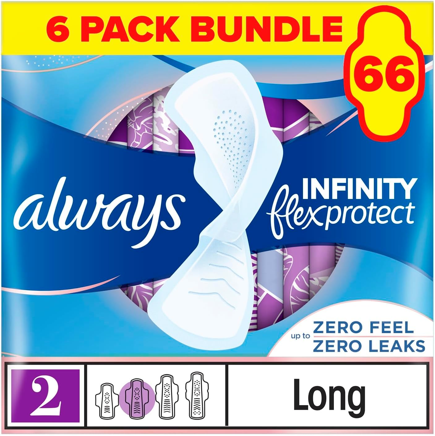 Always Infinity FlexProtect Pads Long (Size 2) Sanitary Towels Wings 66 Pads, Up to Zero Feel, Up to Zero Leaks, Thin and Flexible Protection, Always' Softest Top layer