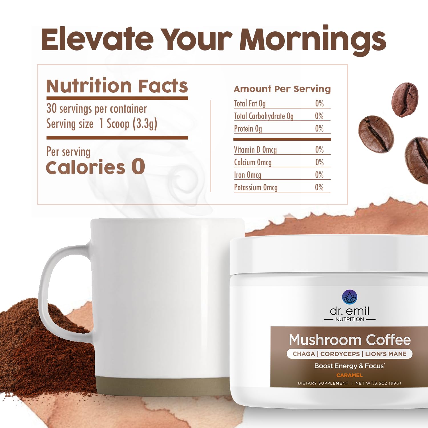 Dr. Emil Mushroom Coffee for Focus & Energy - Instant Coffee with Lions Mane, Chaga & Cordyceps - Delicious Caramel Flavor & Potent Mushroom Powder Blend : Health & Household