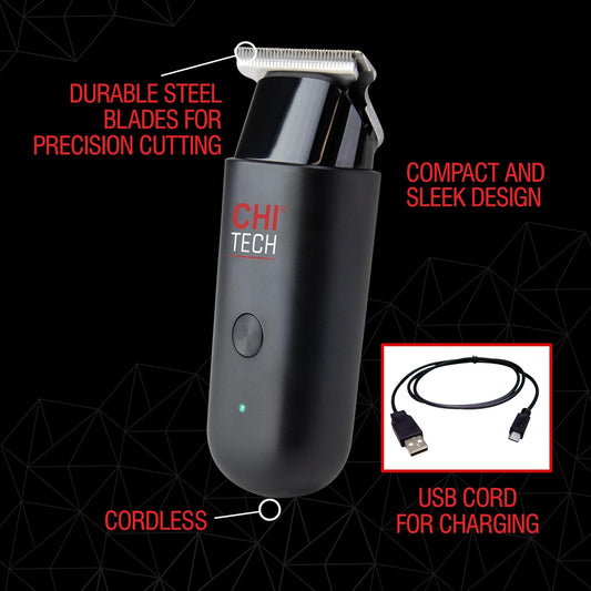 Chi Tech Cordless Mini Trimmer & Clipper, Hair Trimmer For Edging, Blending & Beard Trimming, Stainless Steel Blades, Includes 4 Guard Attachments