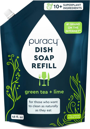 Puracy Natural Dish Soap Refill, Skin-Softening Plant-Based Liquid Dishwashing Detergent Soap, Clean-Rinsing Water-Sheeting Formula, (Green Tea and Lime 48 Oz)