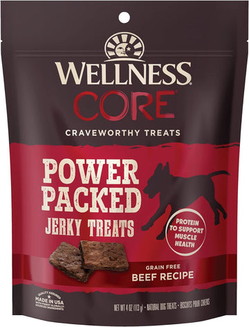 Wellness Core Power Packed Dog Treats, Grain-Free Tender Jerky Treats, Made In Usa (Beef Recipe, 4-Ounce Bag)