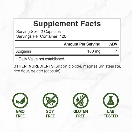 Apigenin, 100Mg Per Serving, 240 Capsules – Raw Plant Extract From Chamomile Flower – Active Bioflavonoids & Antioxidants – Sleep & Relaxation Supplement – Non-Gmo