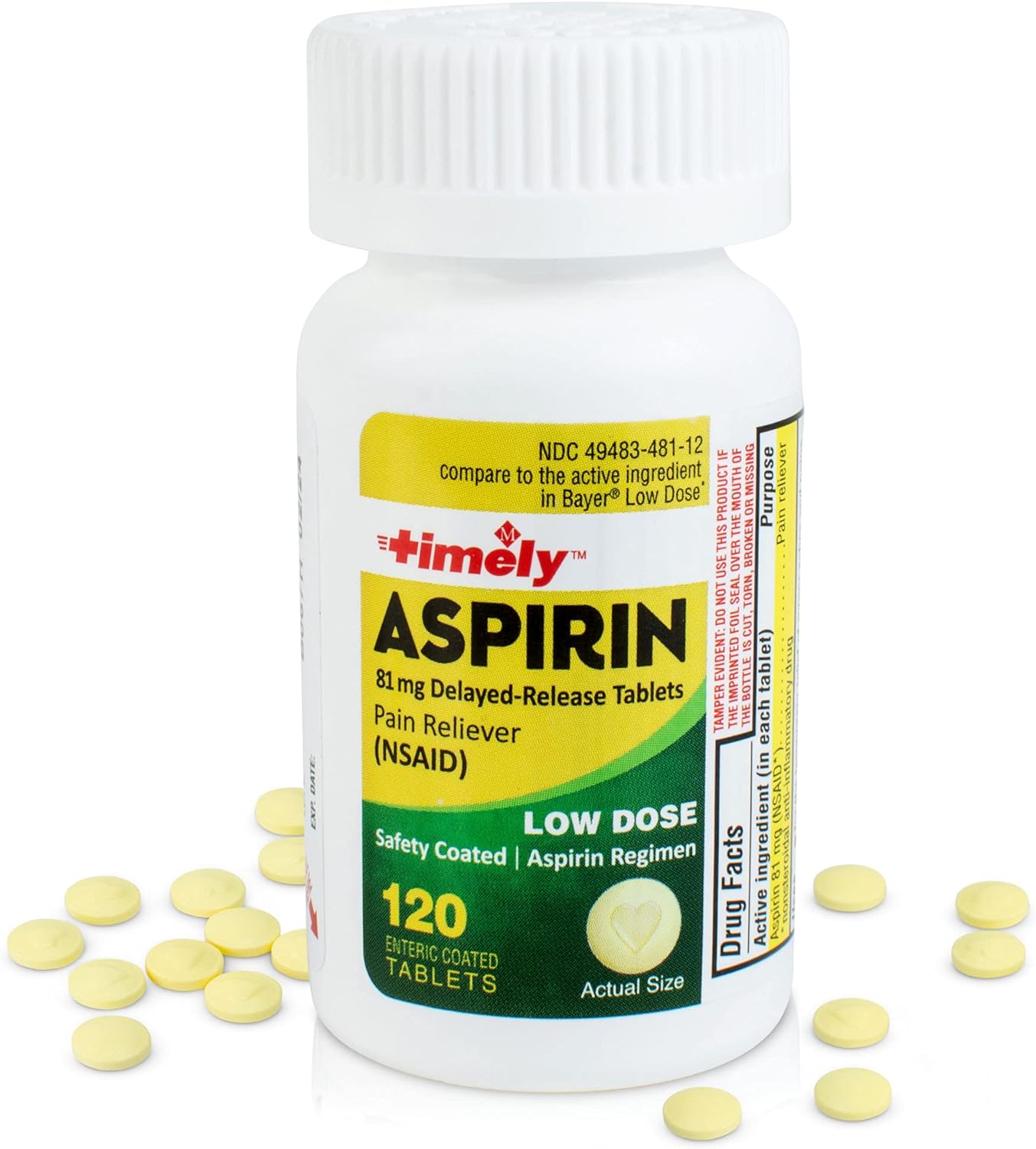 Timely - Low Dose Aspirin 81mg - 120 Tablets - Compared to the active ingredient in Bayer Low Dose - Enteric Coated Low Strength - Pain Reliever for Minor Aches and Pains, Fever Reducer - Made in USA