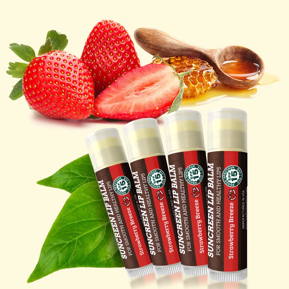 SPF Lip Balm 4-Pack by Earth's Daughter - Lip Sunscreen, SPF 15, Organic Ingredients, Strawberry Flavor, Beeswax, Coconut Oil, Vitamin E - Hypoallergenic, Paraben Free, Gluten Free : Beauty & Personal Care