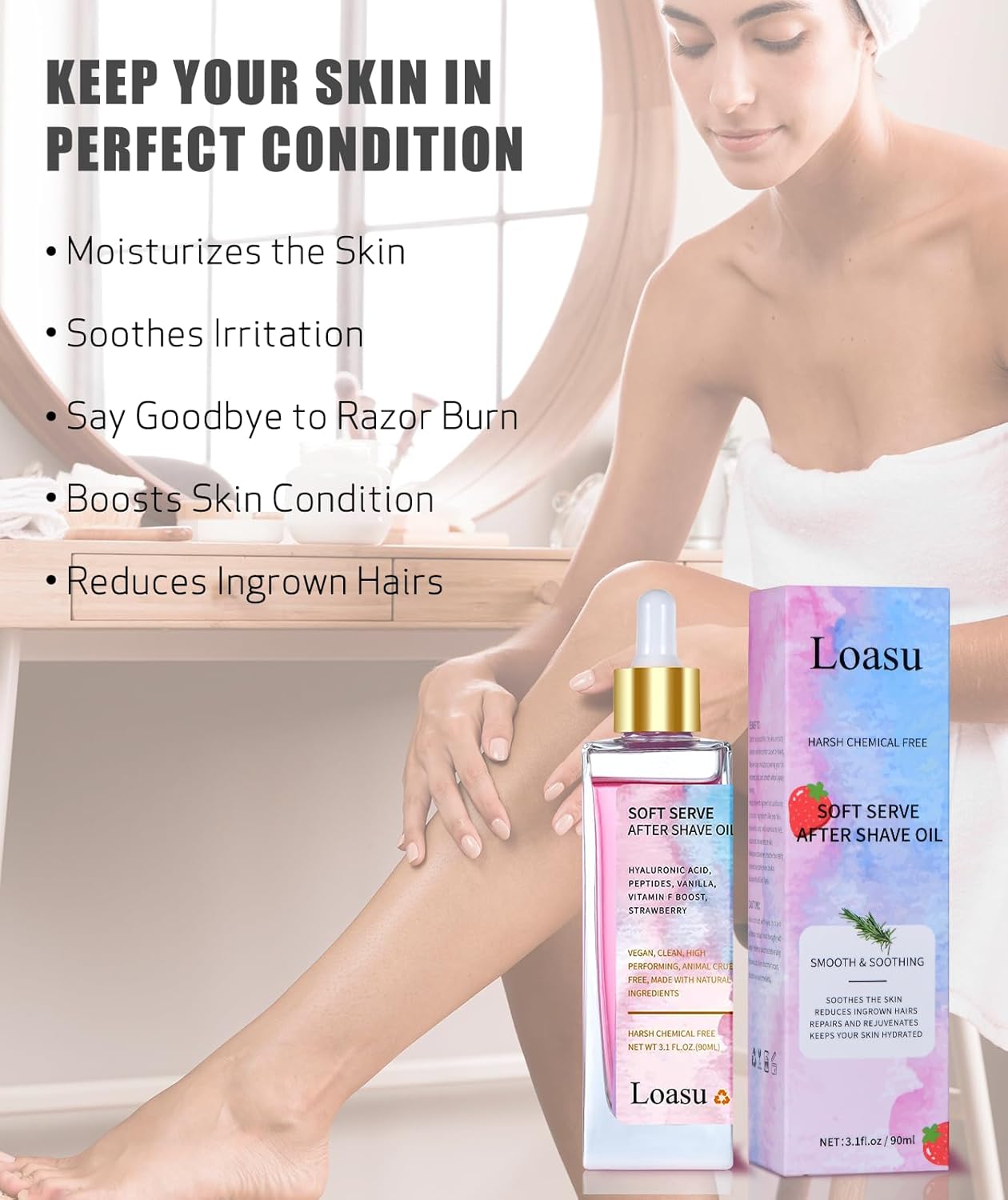 Loasu After Shave Oil For Women, Soft Serve After Shave Oil Strawberry & Vanilla Scent For Smooth Skin, Soothes, Hydrates & Prevents Ingrown Hairs : Beauty & Personal Care