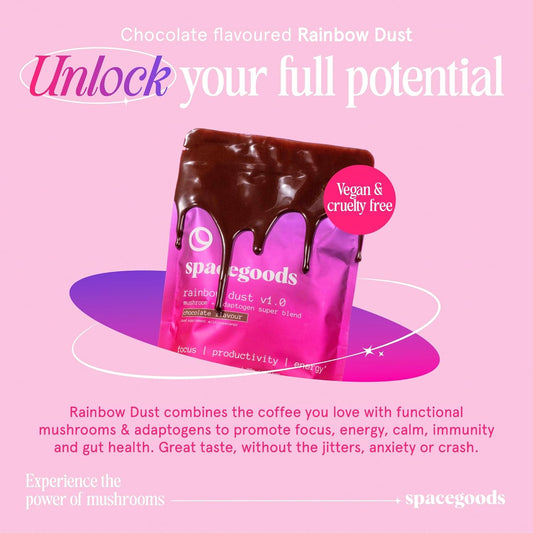 Spacegoods Rainbow Dust 6 Pack 240G | 180 Days Supply | Flavoured Mushroom Coffee | 80Mg Of Natural Caffeine | Lions Mane, Chaga, Ashwagandha & Vitamin B5 | Sharper Focus, Energy & Calm | Chocolate