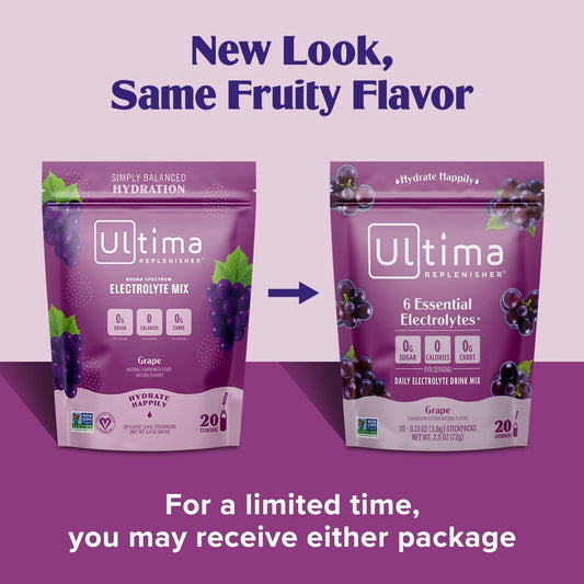 Ultima Replenisher Daily Electrolyte Drink Mix – Grape, 20 Stickpacks – Hydration Packets With 6 Key Electrolytes & Trace Minerals – Keto Friendly, Vegan, Non- Gmo & Sugar-Free Electrolyte Powder