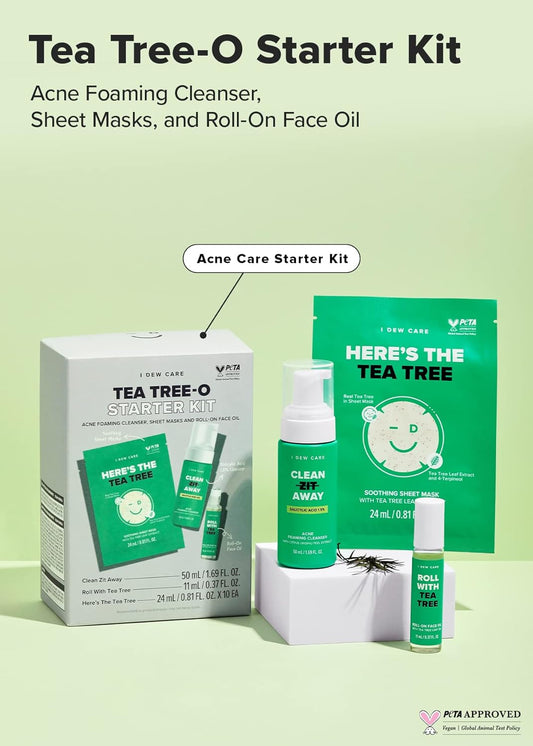 I Dew Care Tea Tree Skincare Set - Tea Tree-O Starter Kit | Salicylic Acid & Tea Tree Oil, Acne Care Treatment, Cleanser, Sheet Masks, And Roll-On Face Oil, Travel Size, Tsa Friendly Size