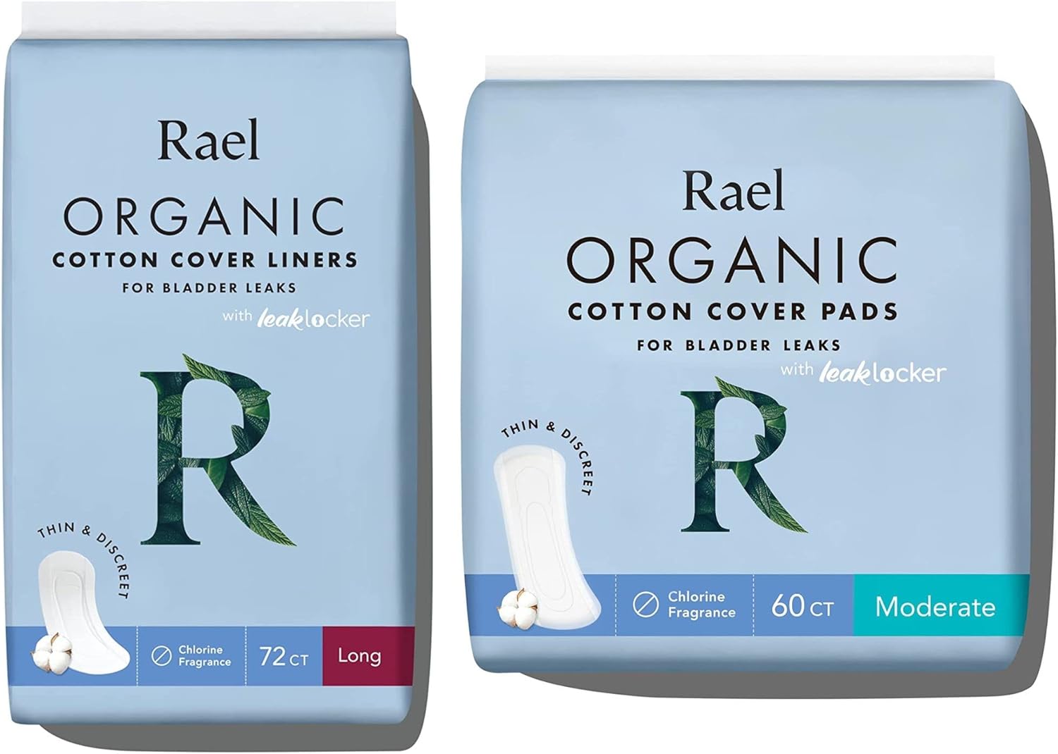 Rael Organic Cotton Cover Incontinence Bundle Pack - Long Liners (72 Count) And Moderate Pads (60 Count) Bladder Control,Postpartum, 4-Layer Core Protection With Leak Guard Technology (132 Count)