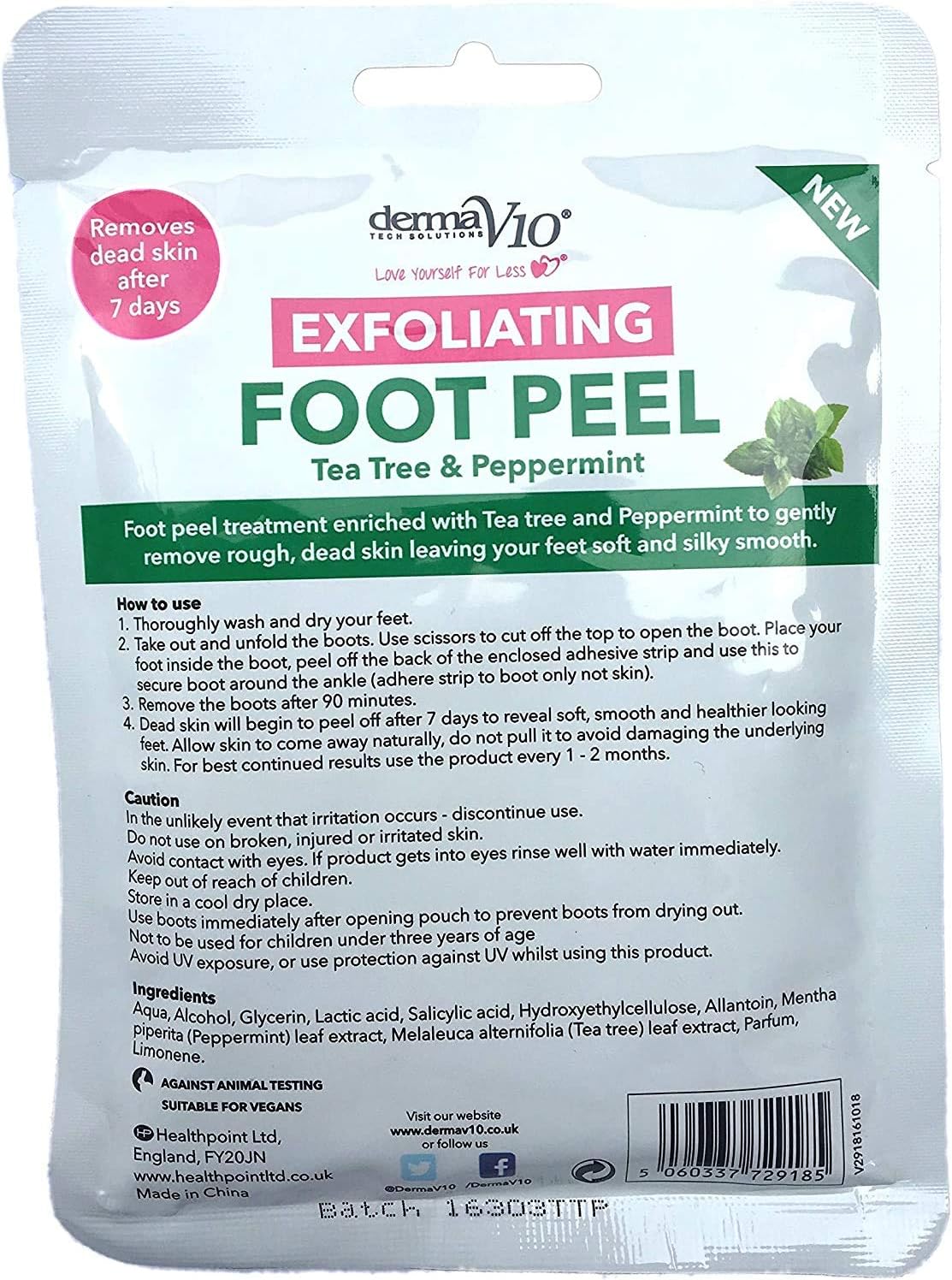 Derma V10 Exfoliating Foot Peel Tea Tree & Peppermint Removes Dead Skin After 7 Days 4 Treatments
