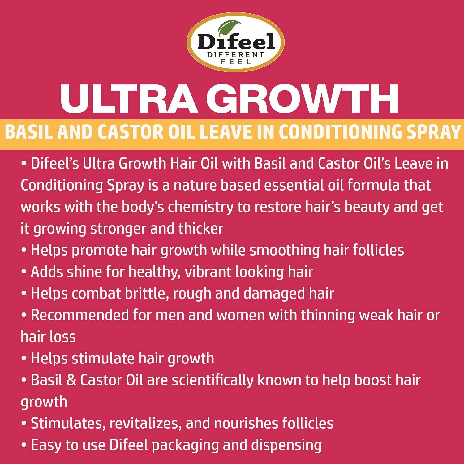 Difeel Ultra Growth Basil & Castor Hair Oil Leave in Conditioning Spray 6 oz. : Beauty & Personal Care