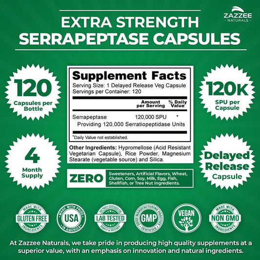 Zazzee Extra Strength Serrapeptase Capsules And Extra Strength 8-In-1 Immune Support Capsules