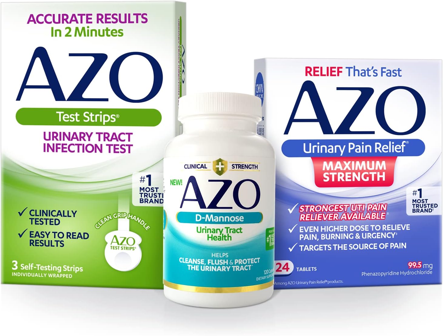 Azo Urinary Pain Relief Maximum Strength (24 Count) + Urinary Tract Infection (Uti) Test Strips (3 Count) + D-Mannose For Urinary Tract Health (120 Count)