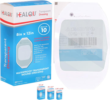 Transparent Film Dressing, 8" X 12" Box Of 10 - Waterproof Wound Bandage Adhesive Patches, Post Surgical Shower Or Iv Shield, Tattoo Aftercare Bandage By Healqu