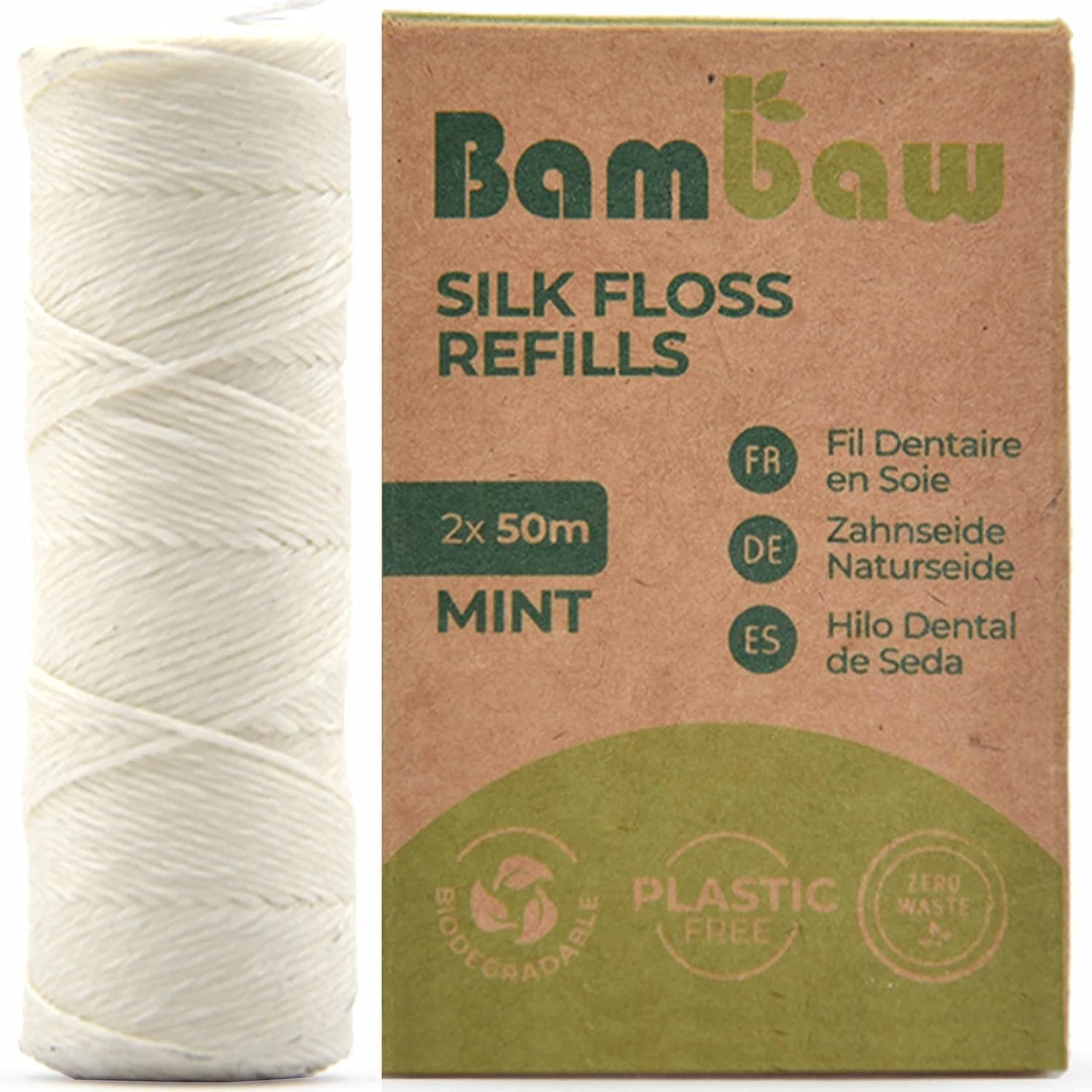 Bambaw Silk Floss Refill | Eco Friendly Non Plastic Dental Floss | Biodegradable Dental Floss Tape - Mint Flavour - 2X50M Refill