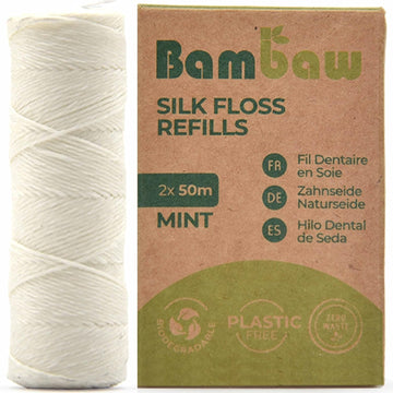 Bambaw Silk Floss Refill | Eco Friendly Non Plastic Dental Floss | Biodegradable Dental Floss Tape - Mint Flavour - 2X50M Refill