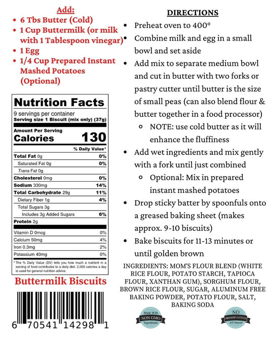 Mom's Place Gluten Free Buttermilk Biscuit Mix Dairy-Free & Easy to Prepare Delicious and Healthy Biscuits for Breakfast, Brunch, or Dinner, Makes 8-9 Biscuits