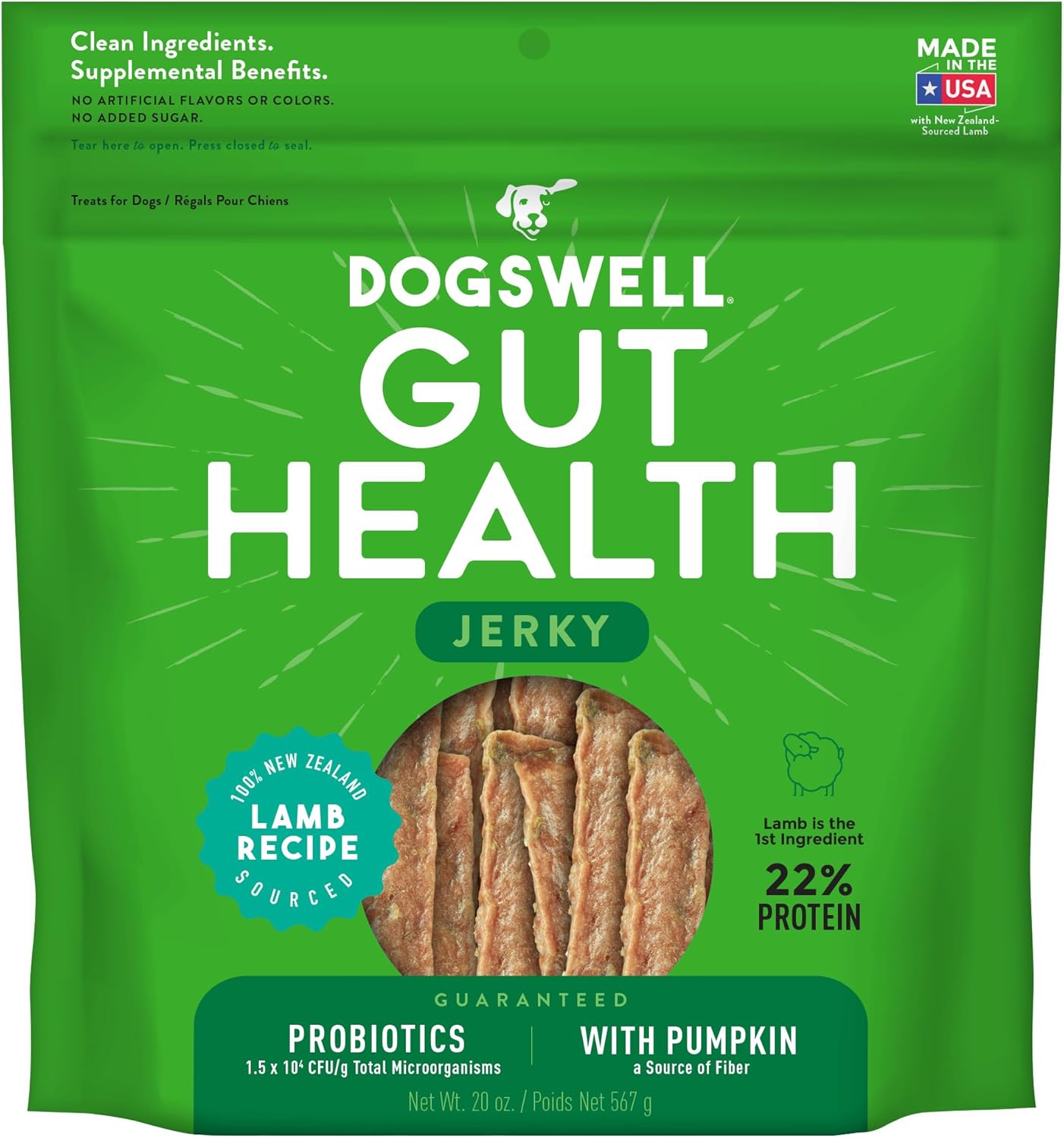 Dogswell Gut Health Meaty Jerky Dog Treats, Lamb, 20 Oz. Pouch