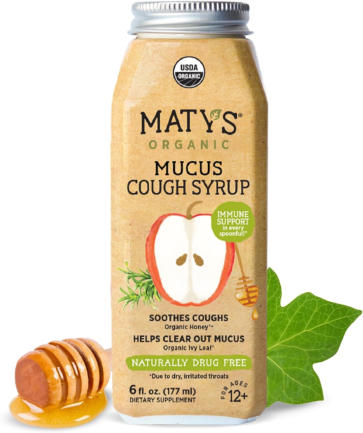 Matys Organic Adult Mucus Cough Syrup For Adults & Children 12 Years + Up, Soothing Cough & Mucus Relief Made with Organic English Ivy Leaf, Thyme Leaf, Honey & Zinc, Alcohol & Drug Free, 6 Fl Oz