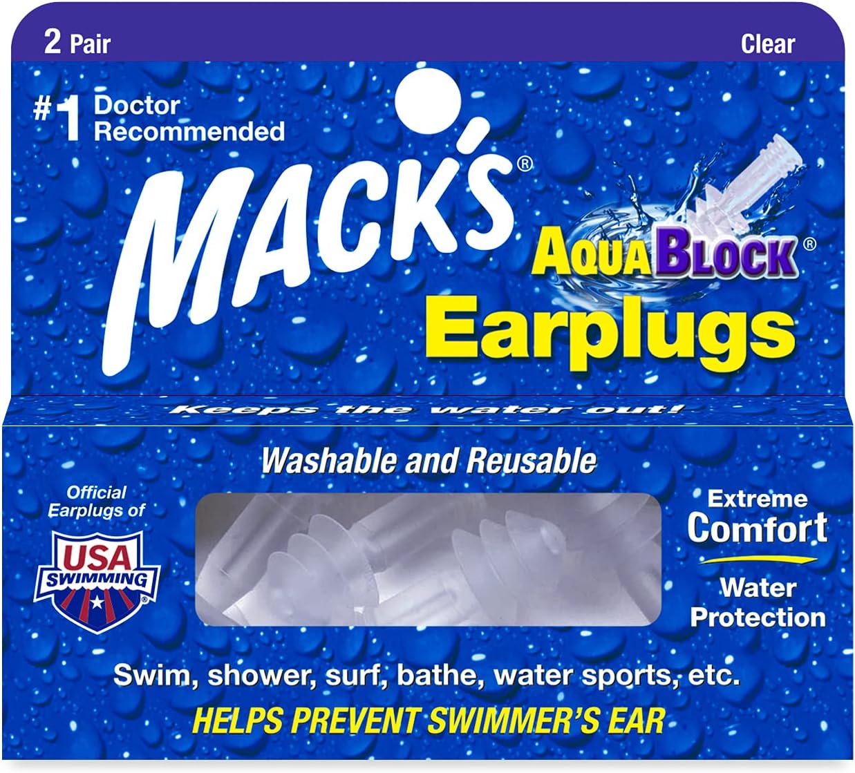 Mack's AquaBlock Swimming Earplugs, 2 Pair - Comfortable, Waterproof, Reusable Silicone Ear Plugs for Swimming, Snorkeling, Showering, Surfing and Bathing (Clear)