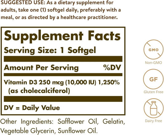 Solgar Vitamin D3 (Cholecalciferol) 250 Mcg (10,000 Iu), 120 Softgels - Helps Maintain Healthy Bones & Teeth - Immune System Support - Non Gmo, Gluten/ Dairy Free - 120 Servings