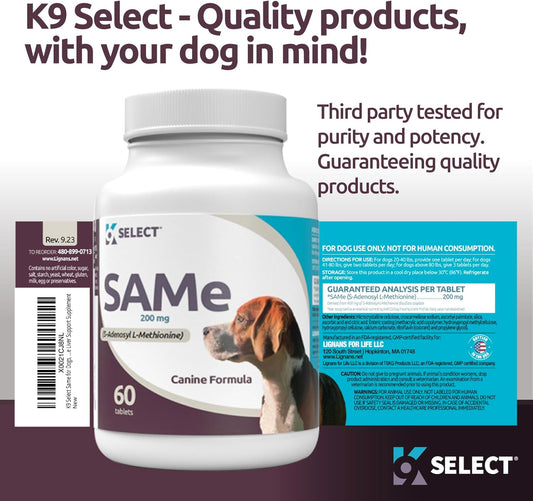 K9 Select Sam-E For Medium And Large Adult Dogs, 60 Tablets, 200Mg Active S-Adenosyl L- Methionine, Cognitive And Liver Support Supplement For Dogs, Nutritional Support For Revitalisation