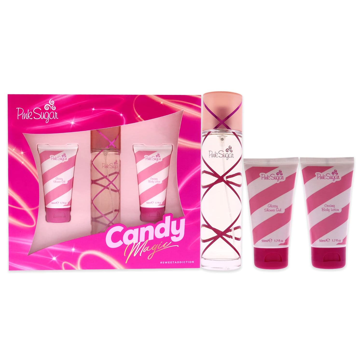 Aquolina Pink Sugar Candy Magic Women 3.4Oz Edt Spray, 1.7Oz Glossy Shower Gel, 1.7Oz Creamy Body Lotion 3 Pc Gift Set