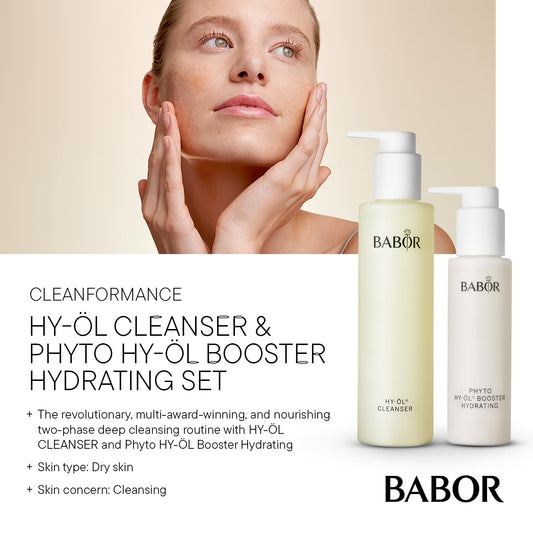 BABOR HY-OL Cleanser & Phyto HY-OL Booster Hydrating Set, Double Cleansing, Oil Cleanser and Makeup Remover Oil for Dull, Dry Skin