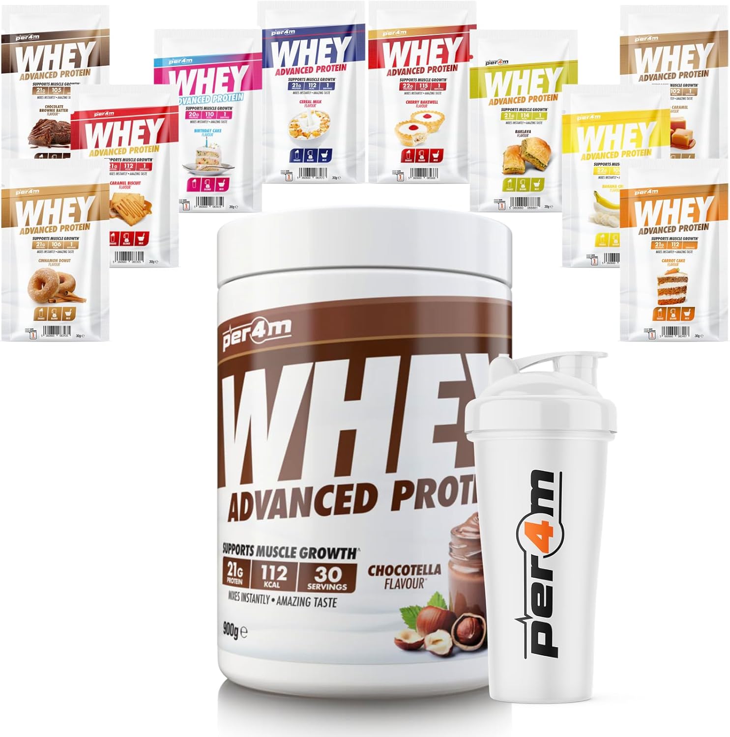 Per4M Advanced Whey Protein Powder | 30 Serving Low Sugar Protein Shake With Amino Acids | Perfect For Your Gym Bag And Travel | Shaker & 5 Mixed Selection Sachets (900G, Chocotella)