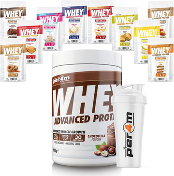 Per4M Advanced Whey Protein Powder | 30 Serving Low Sugar Protein Shake With Amino Acids | Perfect For Your Gym Bag And Travel | Shaker & 5 Mixed Selection Sachets (900G, Chocotella)