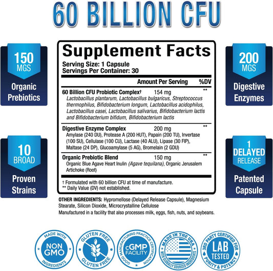 Purely Optimal Premium Probiotics 60 Billion Cfu W/Organic Prebiotics & Digestive Enzymes