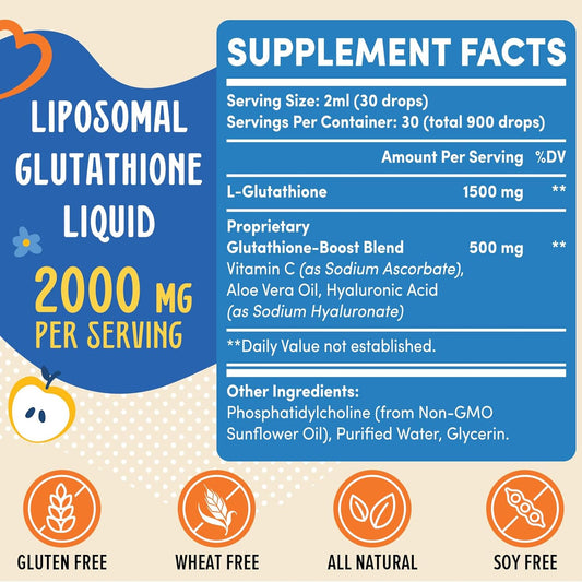 2000Mg Liposomal Glutathione Liquid, 98% Absorption, Glutathione Liquid Supplement, Active Form L- Glutathione, Powerful Antioxidant Complex For Immune System, Aging Defense, Detox, 4 Fl.Oz