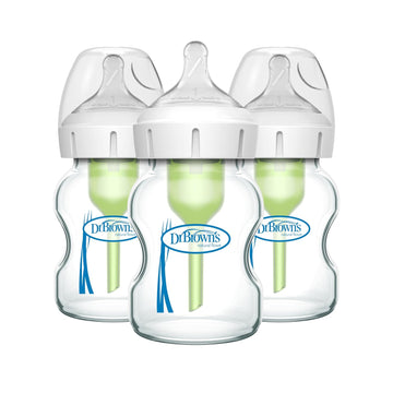 Dr. Brown'S Natural Flow Anti-Colic Options+ Wide-Neck Glass Baby Bottles 5 Oz/150 Ml, With Level 1 Slow Flow Nipple, 3 Pack, 0M+