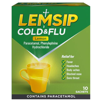 Lemsip Original Strength Cold + Flu Lemon Hot Drink 10 sachets