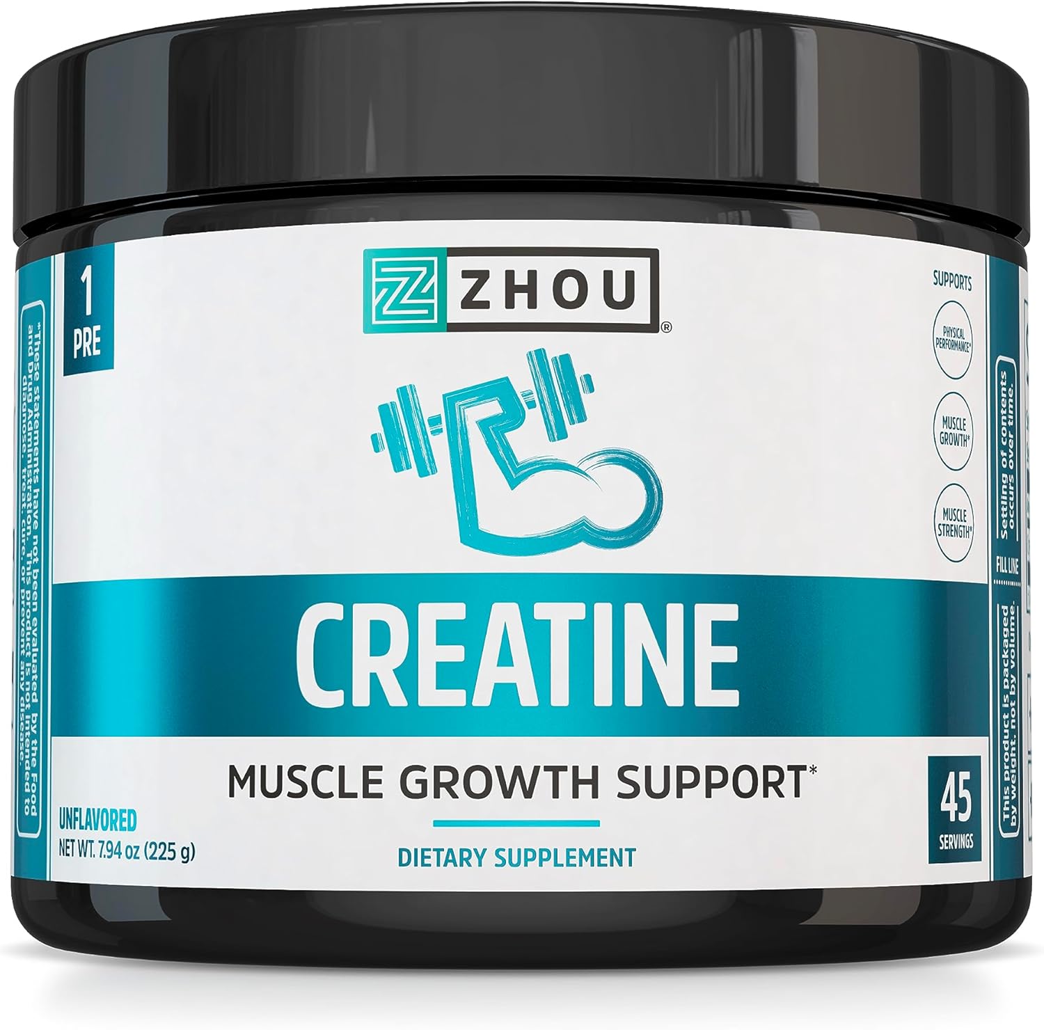 Zhou Nutrition Creatine Monohydrate Powder, Pure Unflavored Creatine Powder, Workout Recovery, Physical Performance Support, Vegan, Non-Gmo, Gluten Free, Made Without Soy, 45 Servings